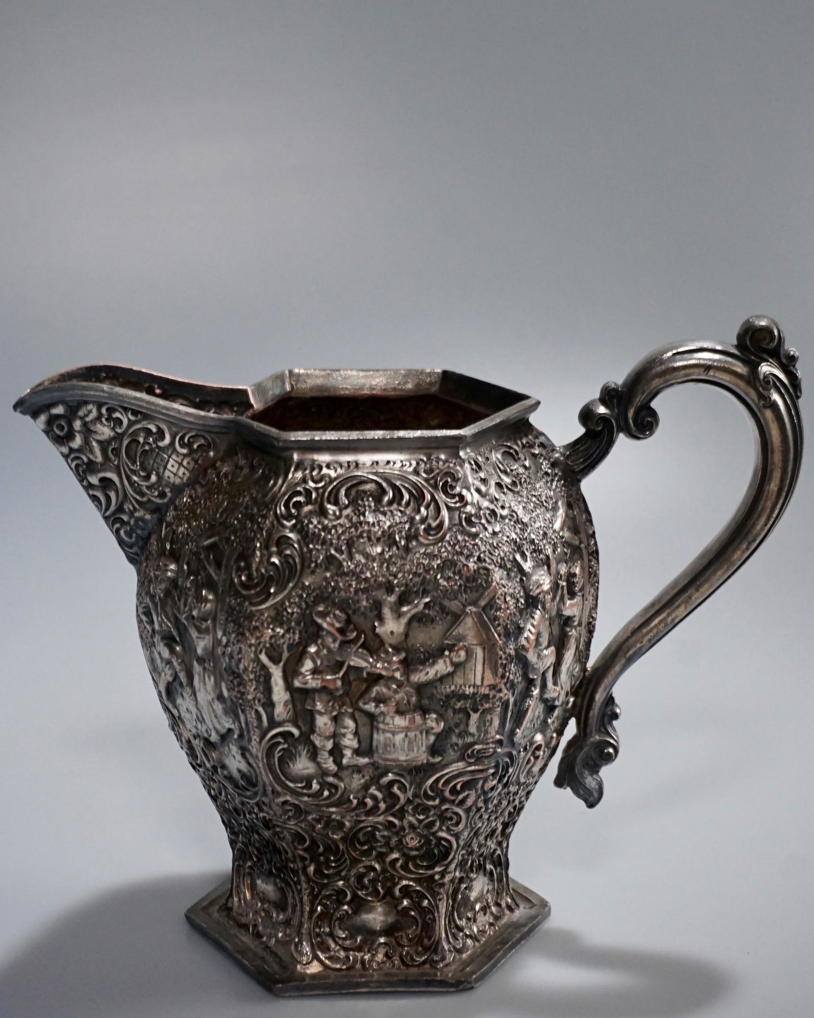 Dutch Silver on Copper Repousse Scenic Pitcher (1 of 8)