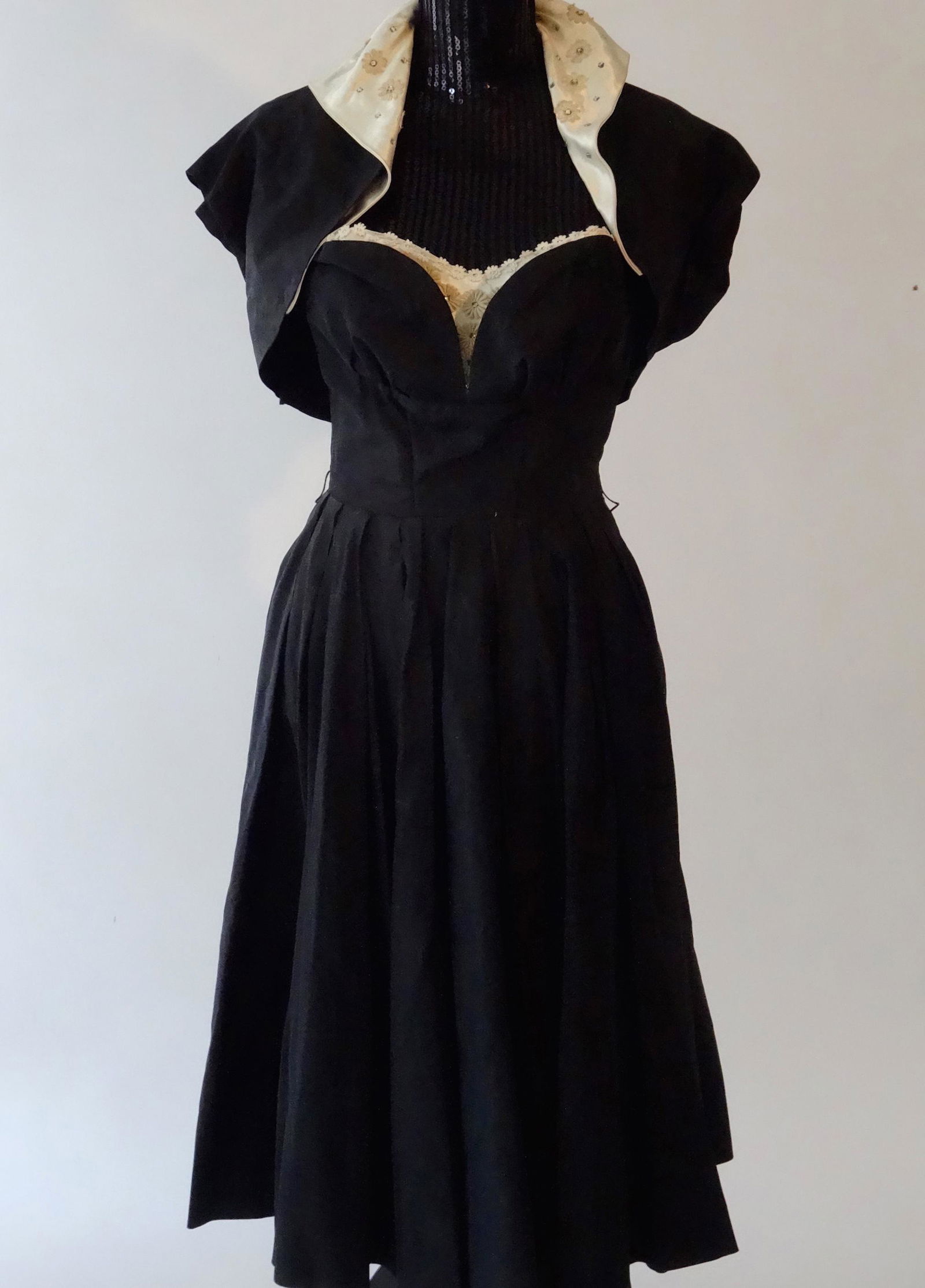 Vintage 50s Two Piece Outfit Strapless Dress Bolero Top: Vintage 50s Two Piece Outfit Strapless Dress Bolero Top Waist 25 inches; skirt 26 1/8 inches long from waist to bottom.