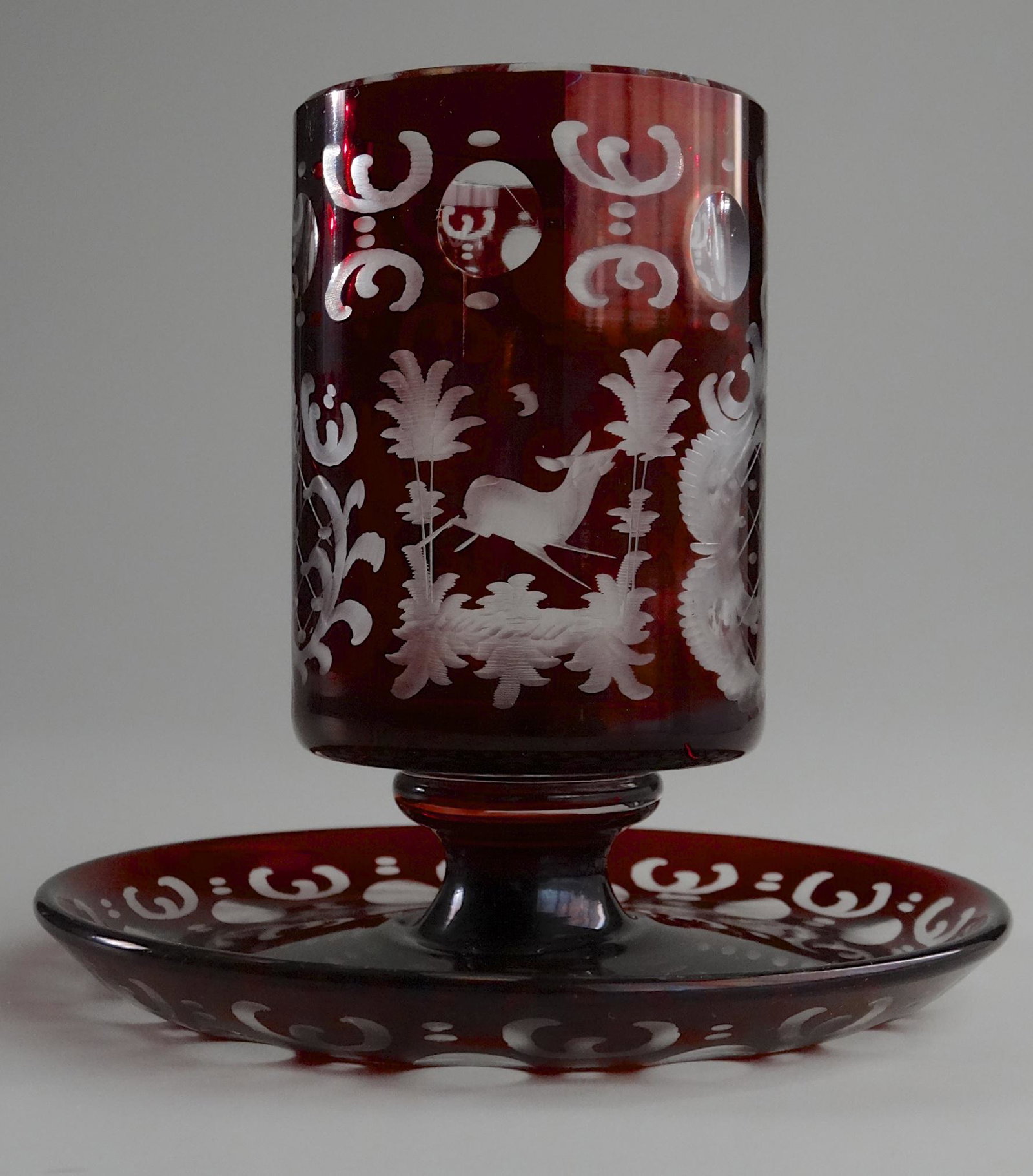 Bohemian Rococo Hunting Scene Ruby Cut To Clear Glass: Bohemian Rococo Hunting Scene Ruby Cut To Clear Glass Cigarette Holder Approximately 3 3/4 tall x 4 inches in diameter.