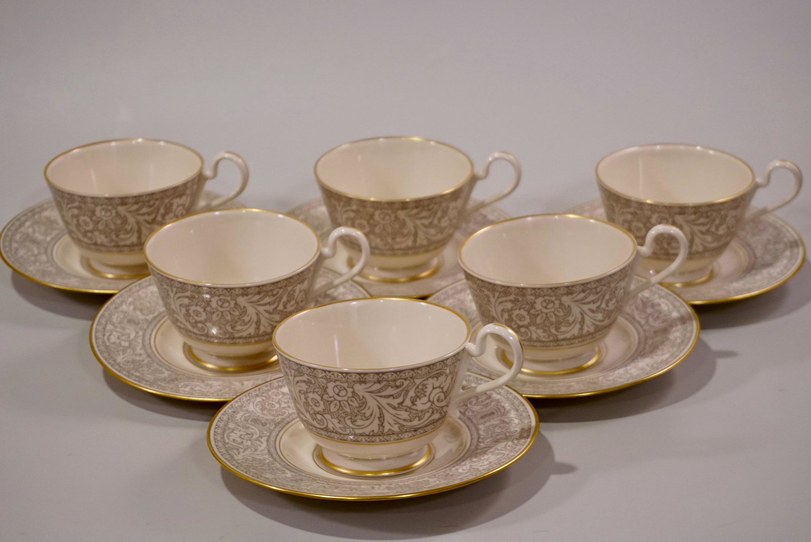 Grey Renaissance Teacup Saucer Set Franciscan: Grey Renaissance Teacup Saucer Set Franciscan Masterpiece Lot of 6 Cups and Saucers Cups are approximately 4 1/2 x 3 1/2 x 2 3/4 inches; saucers are 5 15/16 inches in diameter.
