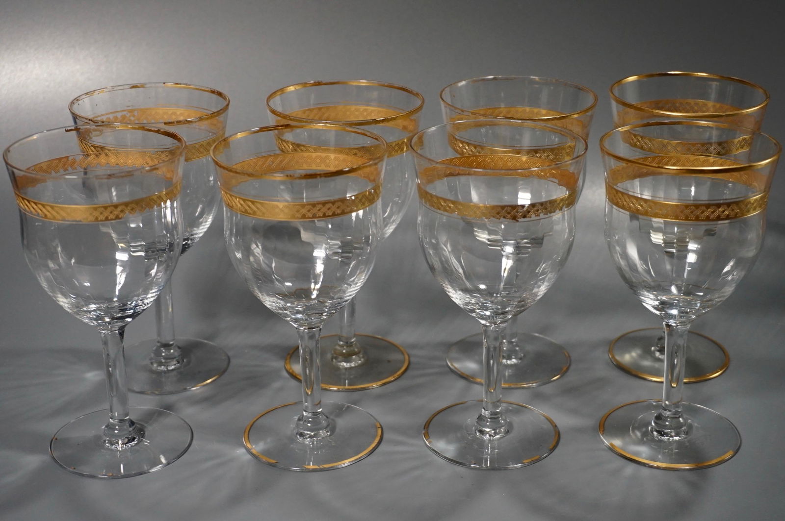 Vintage Gold Trim Needle Etched Glass Goblets Lot of 8 (1 of 5)