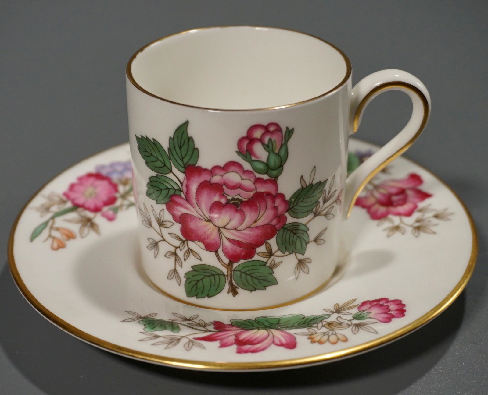 Wedgwood Bone China Charnwood Coffee Can Cup Saucer Set: Wedgwood Bone China Charnwood Coffee Can Cup Saucer Set Cup is about 2 15/16 x 2 1/8 x 2 3/16 inches tall; saucer is approximately 4 7/8 inches in diameter.
