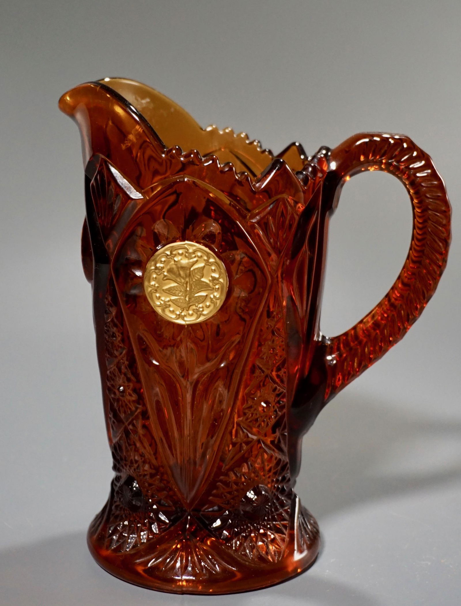 Vintage Amber Gold Pressed Glass Gold Medallion Pitcher (1 of 6)