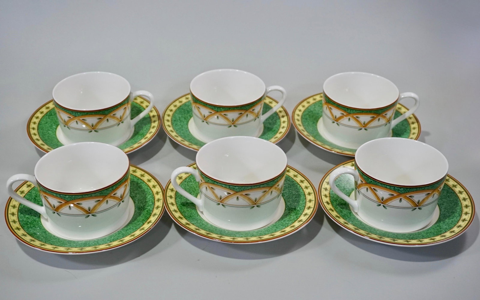 Mikasa Lemon Twist Cup and Saucer Lot of 6 Sets Ultima: Mikasa Lemon Twist Cup and Saucer Lot of 6 Sets Ultima + Super Strong Fine China Cups are approximately 4 3/8 x 3 7/16 x 2 3/8 inches; saucers are 6 inches in diameter.