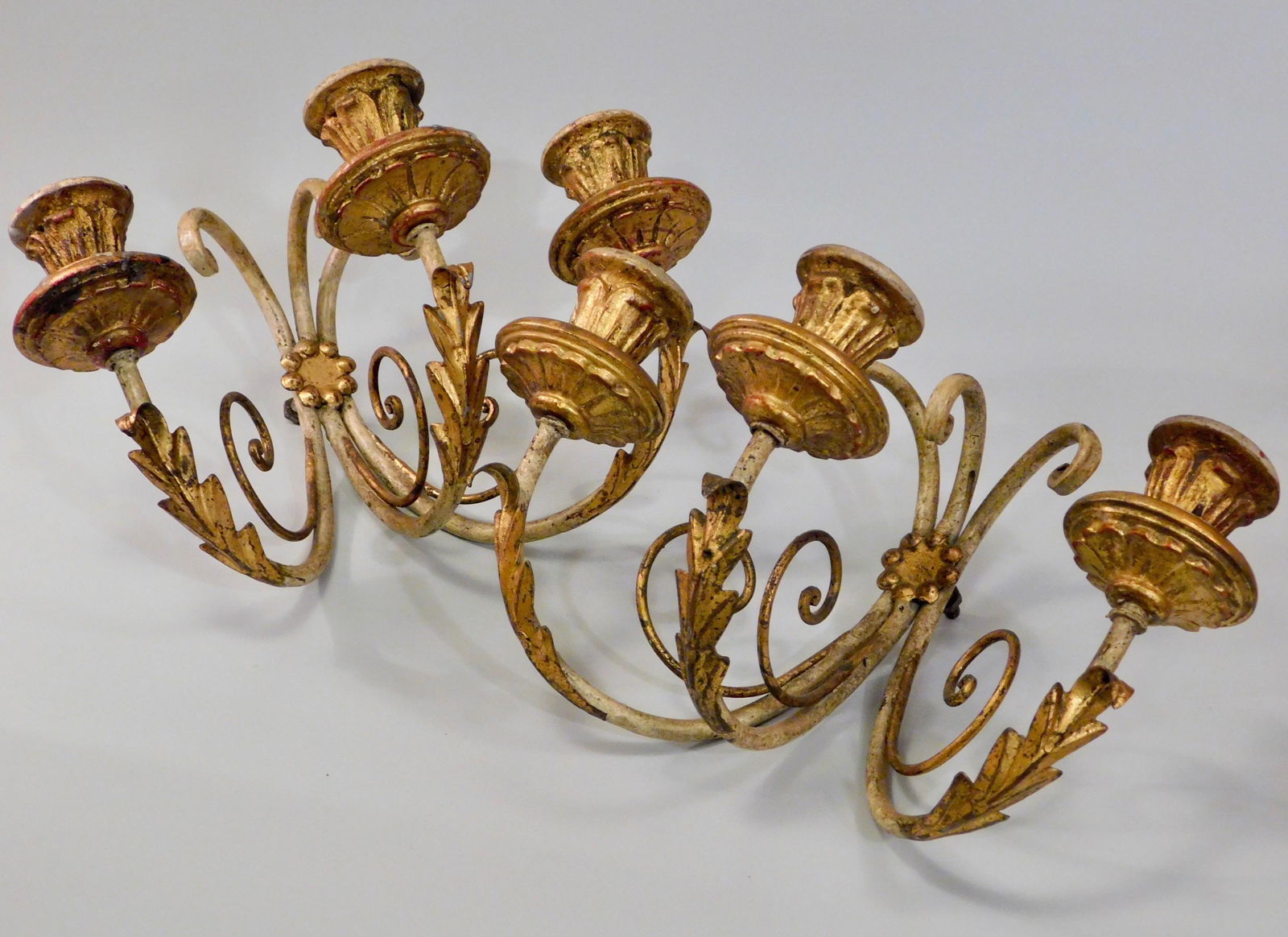 Pair Italian Tole Vintage Carved Wood Parcel Gilded: Pair Italian Tole Vintage Carved Wood Parcel Gilded Wall Sconce 3 Branch Candelabra Candle Holder Approximately 11 inches wide x 8 inches and extend out of the wall on about 7 1/4 inches.