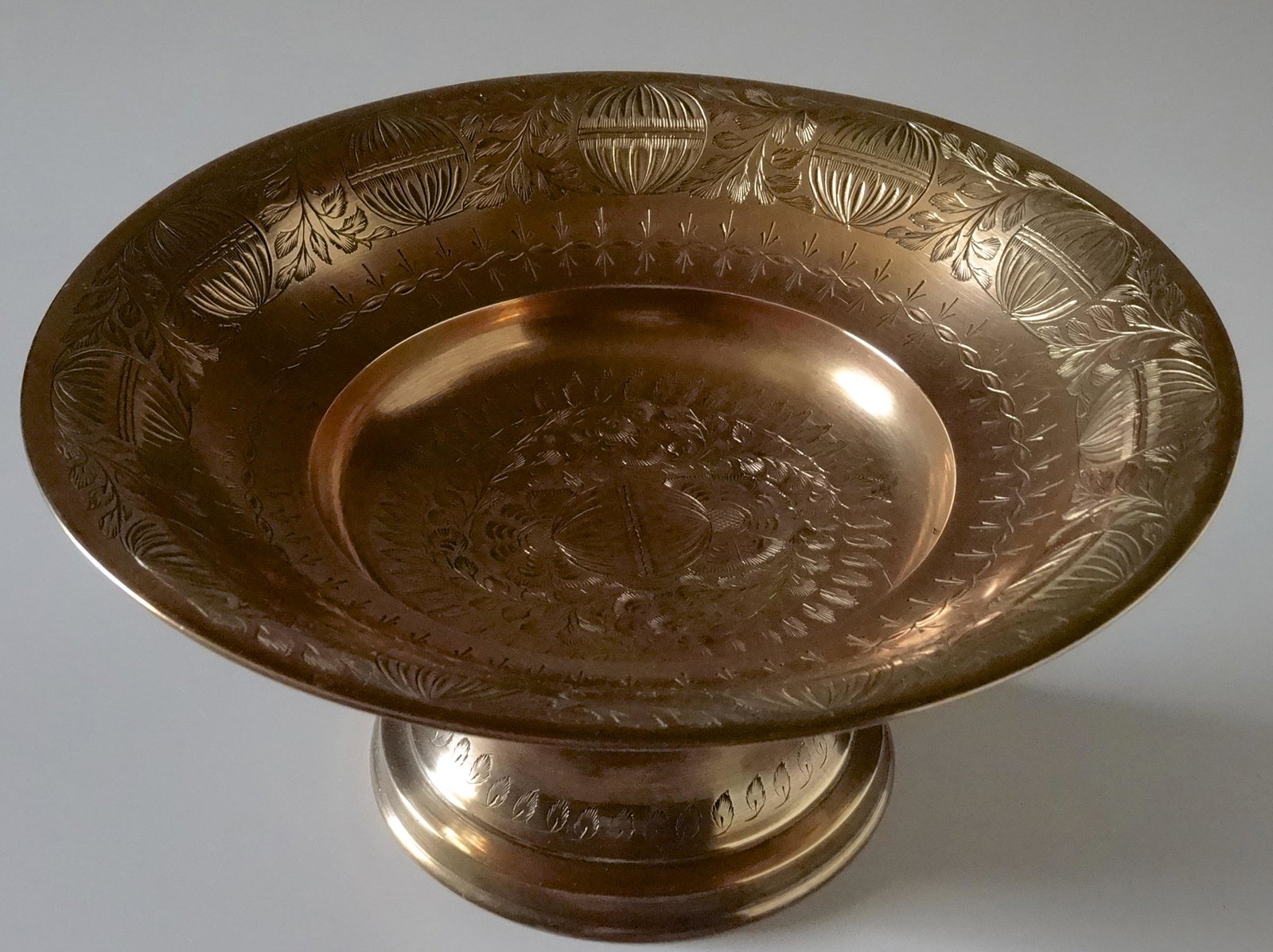 Meticulously Carved Chiseled Brass Compote Pedestal: Meticulously Carved Chiseled Brass Compote Pedestal Bowl Vase Approximately 5 1/8 inches tall and 9 15/16 inches in diameter.