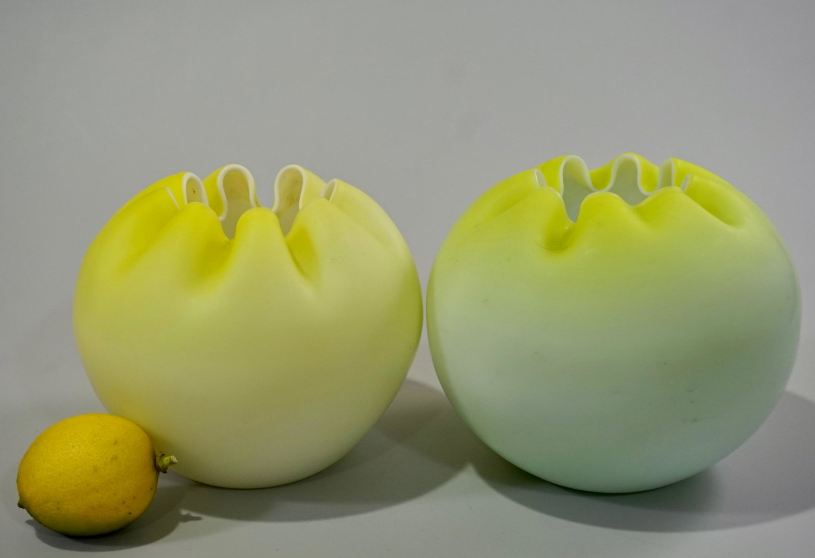 Mt. Washington Rose Bowl Victorian Canary Yellow Cased: Mt. Washington Rose Bowl Victorian Canary Yellow Cased Satin Glass c.1890 Vintage Art Glass Lot of 2 Approximately 5 3/8 and 5 3/16 inches in diameter.