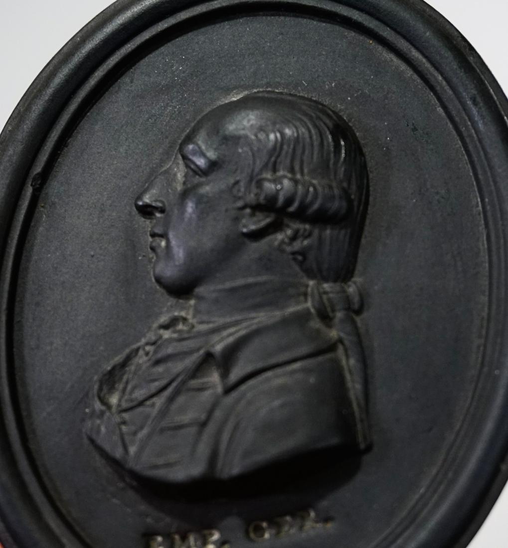 Antique Wedgwood Black Basalt Portrait Medallion Self: Antique Wedgwood Black Basalt Portrait Medallion Self Framed Plaque Emp. Ger. Provenance: from private collection. Approximately 2 15/16 x 2 5/16 inches.