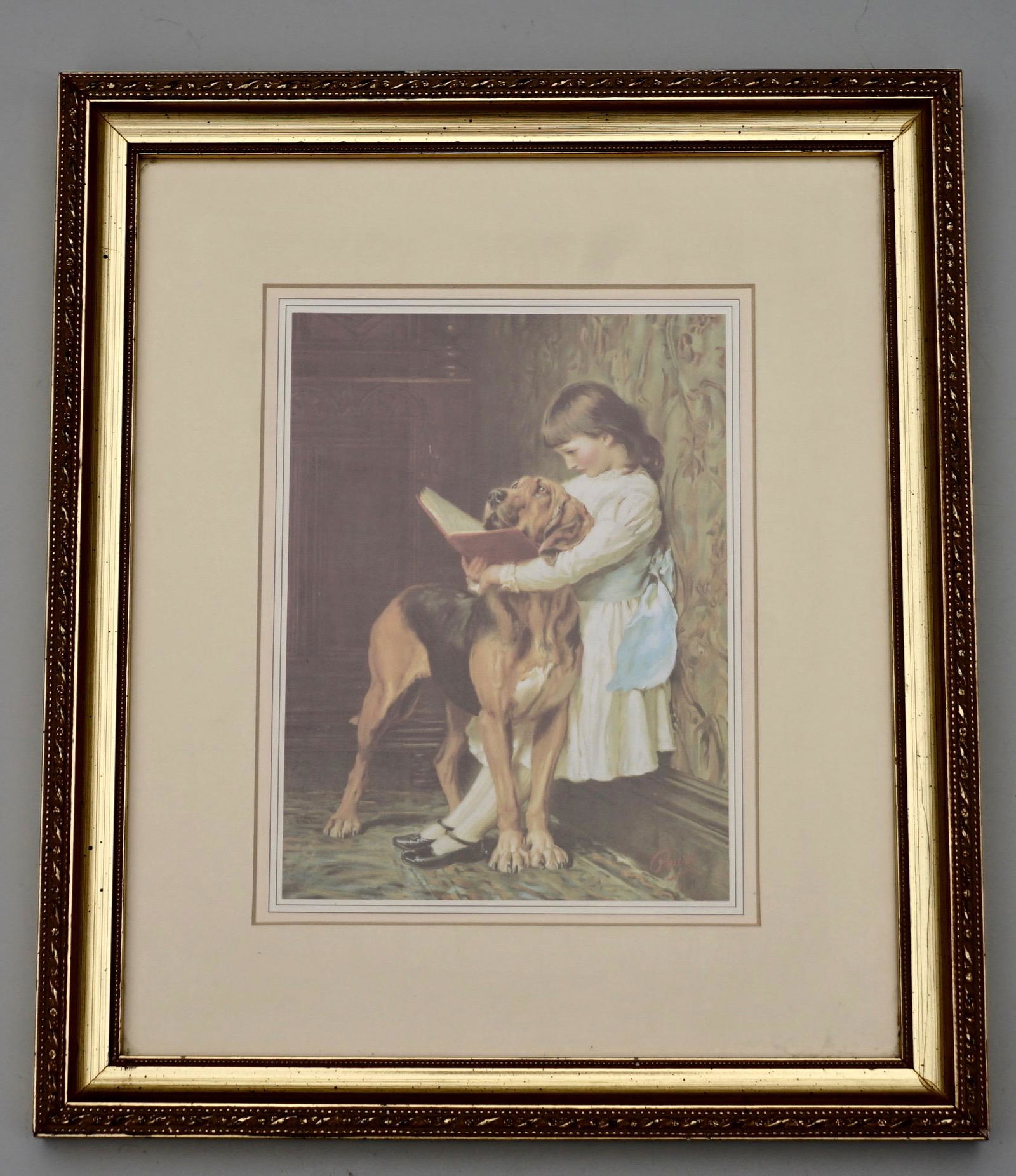Framed Chromolithograph Large Dog Girl Reading Book (1 of 5)