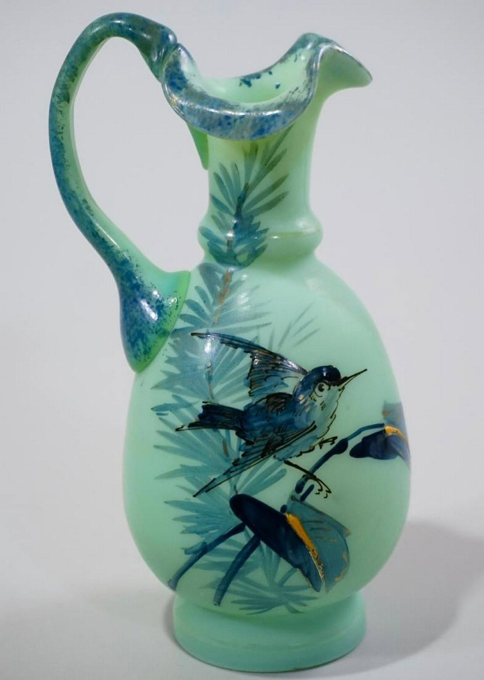 Antique Enamel Painted Pontil Blown Blue Bird Art Glass: Antique Enamel Painted Pontil Blown Blue Bird Art Glass Pitcher Vase Approximately 6 3/4 inches.