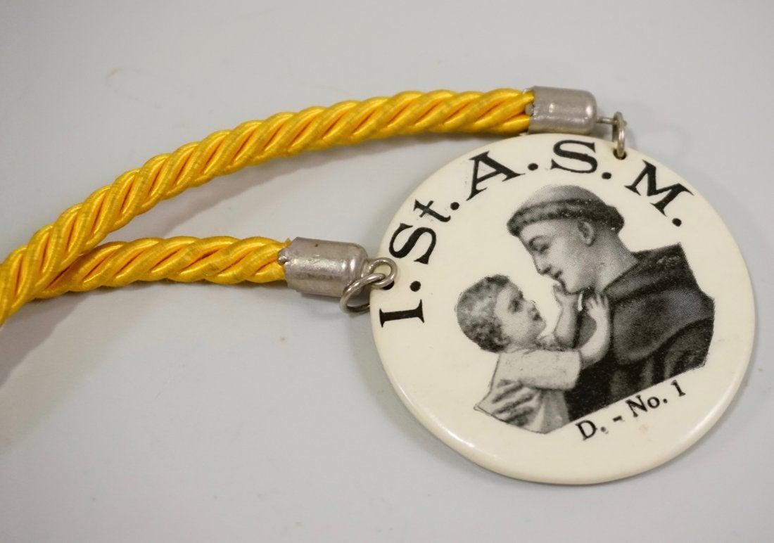 Vintage St Anthony of Padua Round Button Pendant c1920: Vintage St Anthony of Padua Round Button Pendant c1920 Approximately 1 1/4 inches in diameter on 34 inches cord.