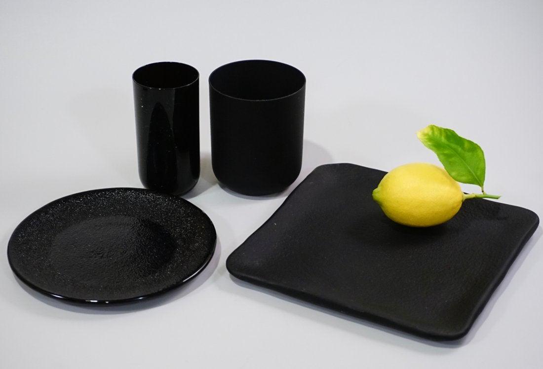 Japanese Modern Art Glass Jet Black Plates Glasses Lot (1 of 5)