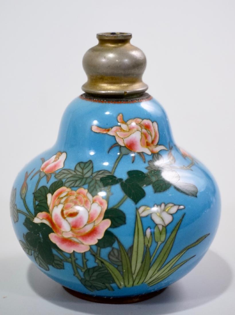 Japanese Enamel Oil Lamp Peonies Irises Turquoise Blue (1 of 8)