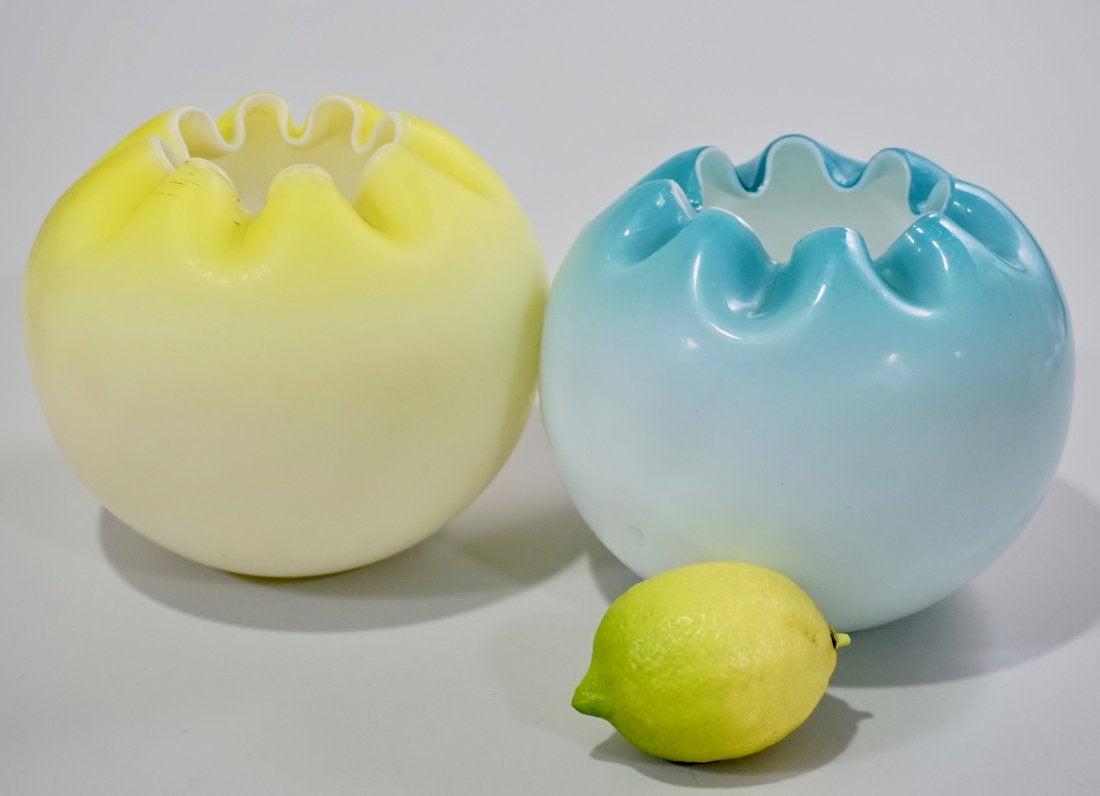 Yellow Blue Art Glass Rose Bowl Cased Blown Vase Blown: Yellow Blue Art Glass Rose Bowl Cased Blown Vase Blown Pontil Approximately 4 5/8 and 4 3/8 inches.