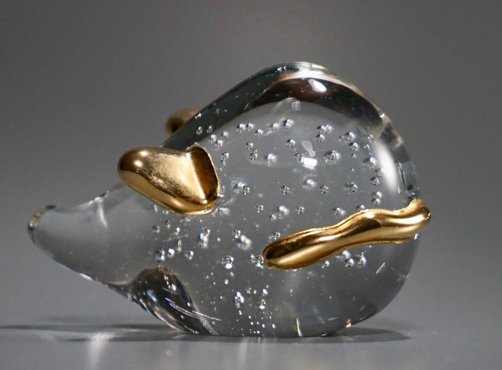 Abstract Art Glass Whale Figurine Paperweight: Abstract Art Glass Whale Figurine Paperweight Controlled Bubbles Gilded Accents Approximately 3 9/16 x 2 3/8 x 2 5/16 inches tall.
