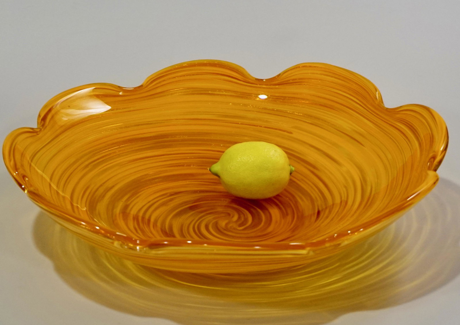 Mid Century Murano Modern Italian Art Glass Bowl: Mid Century Murano Modern Italian Art Glass Large Orange Galaxy Spiral Bowl Gold Speckled Approximately 12 7/16 inches in diameter.