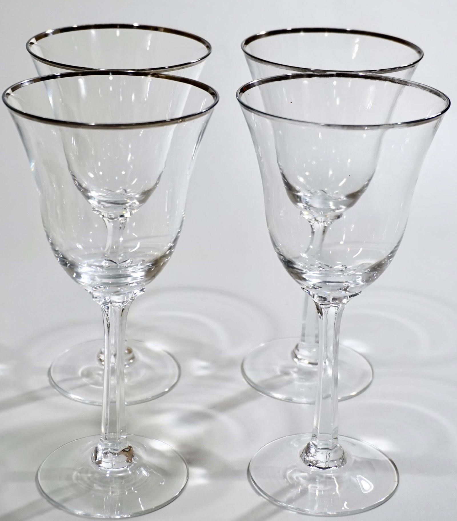Art Deco Silver Large Goblet Platinum Rim Stemware Wine: Art Deco Silver Large Goblet Platinum Rim Stemware Wine Glasses Lot of 4 Approximately 7 11/16 inches tall x 3 11/16 inches in diameter.