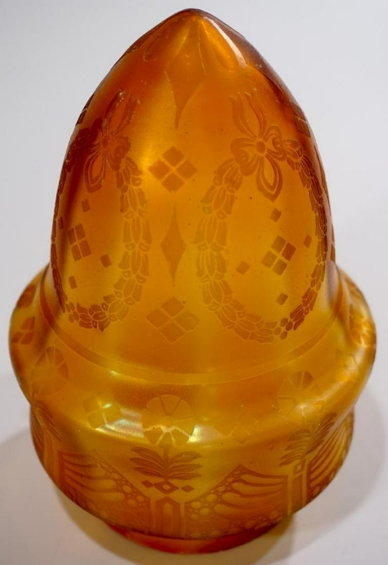 Antique Iridescent Etched Amber Art Glass Shade: Antique Iridescent Etched Amber Art Glass Shade Approximately 7 x 4 1/2 inches in diameter; 3 1/8 inches in diameter fitter.