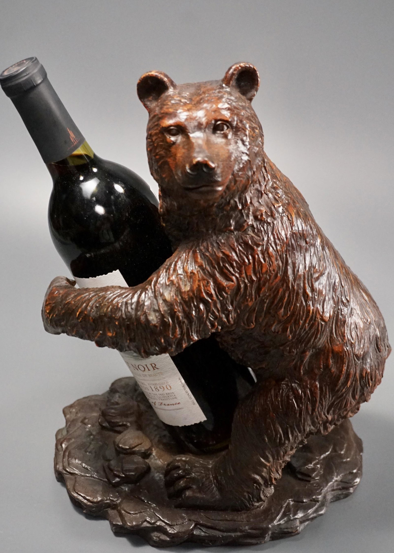 Bear Bottle Holder Black Forest Style Vintage Wine Rack: Bear Bottle Holder Black Forest Style Vintage Wine Rack Figural Barware Decor Approximately 9 3/4 x 7 1/4 x 13 inches tall.