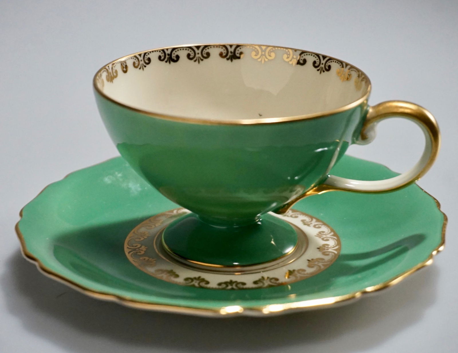 Footed Green China Demitasse Cup Saucer Continental (1 of 5)