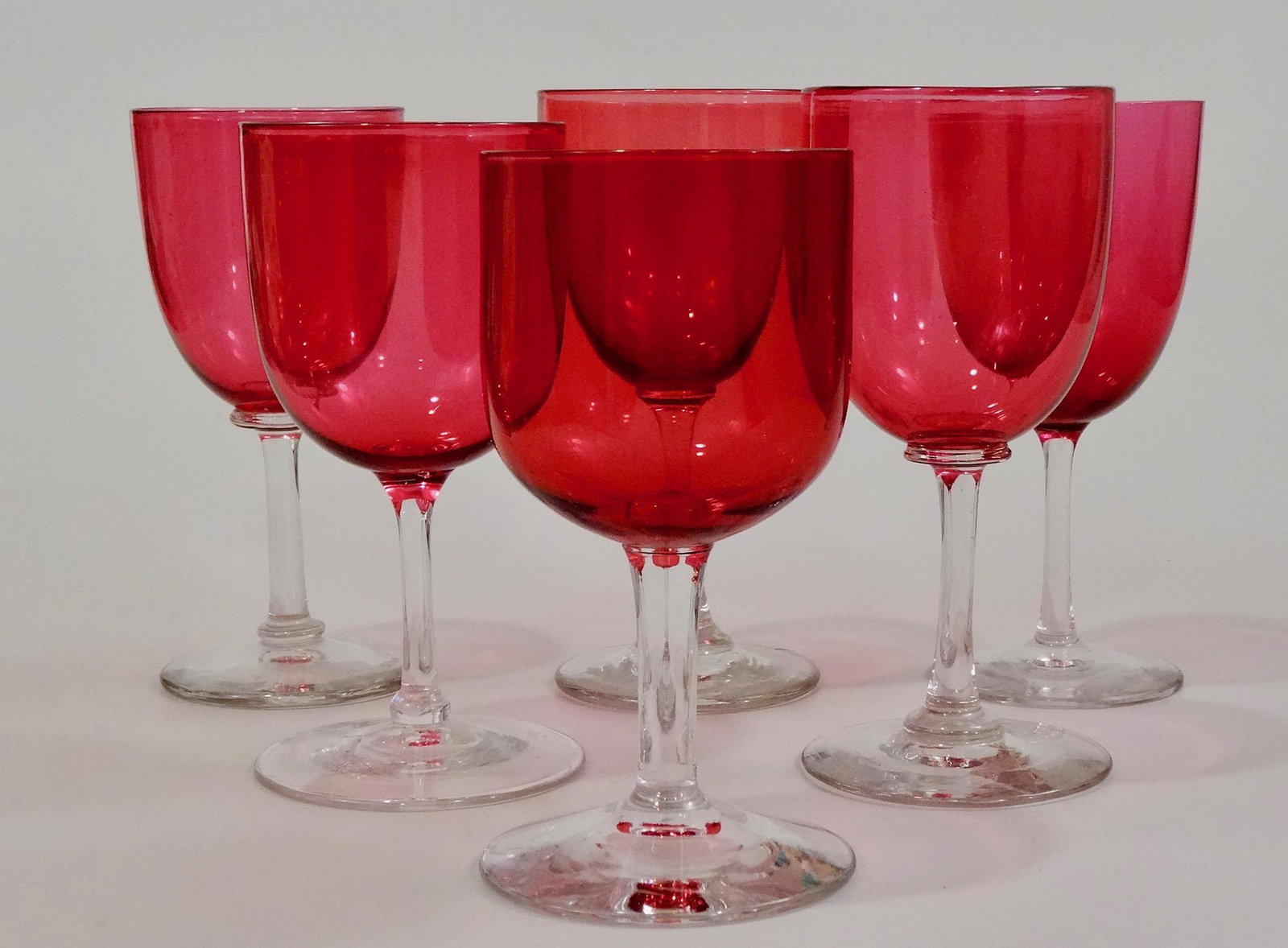 Antique Victorian Cranberry Wine Glasses Assembled Stem: Antique Victorian Cranberry Wine Glasses Assembled Stemware Set of Six From 4 5/8 x 5 1/16 inches tall.