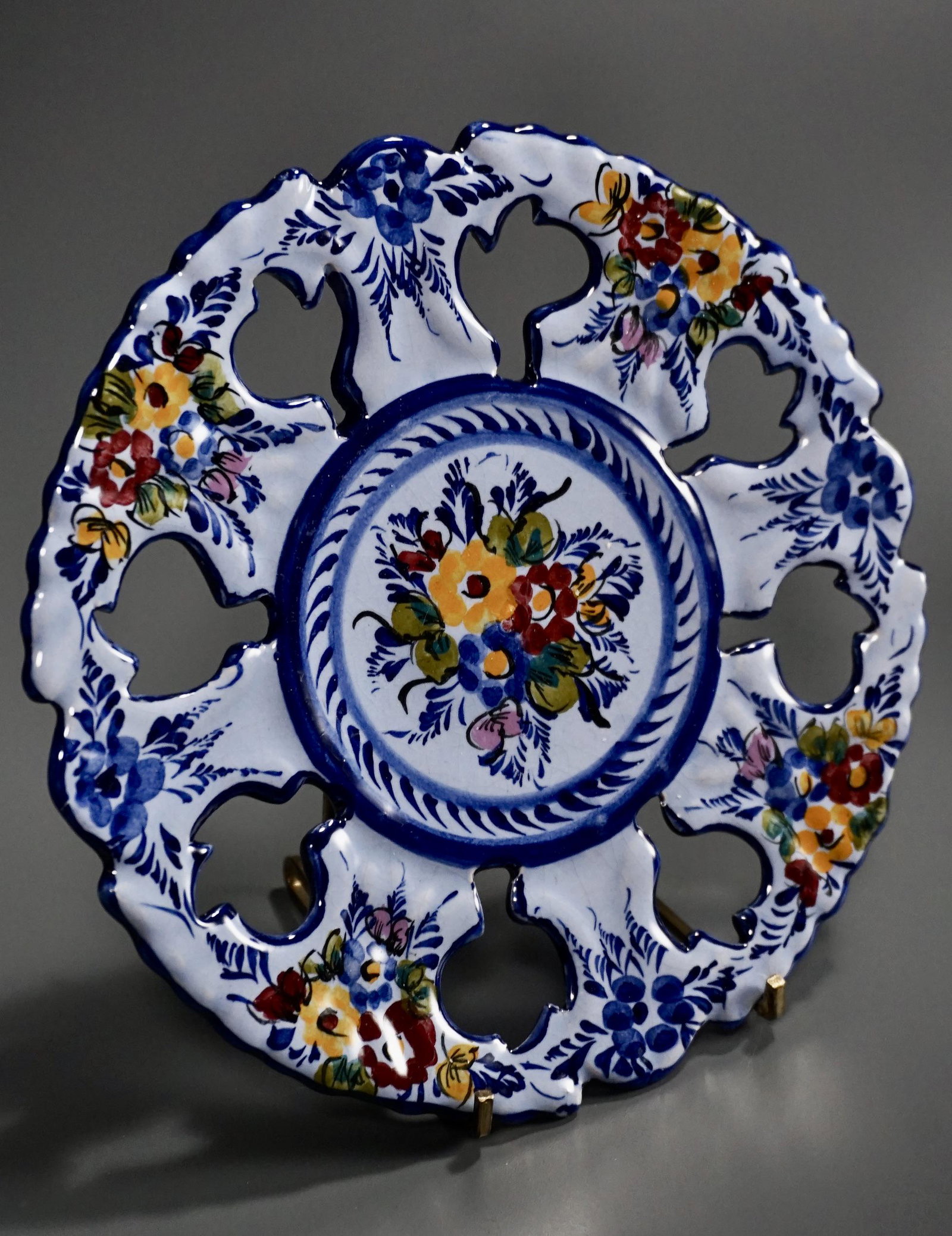 Vintage Portuguese Hand Painted Pottery Reticulated: Vintage Portuguese Hand Painted Pottery Reticulated Plate Wall Plaque Approximately 8 1/8 inches in diameter.