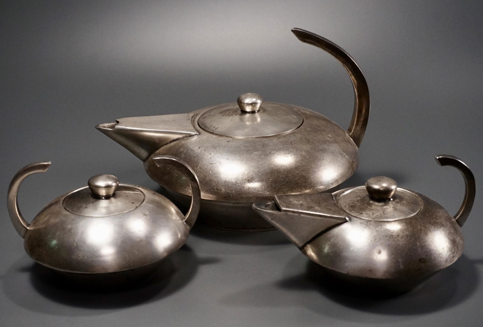 Art Deco Designer Tea Set Unique Heavy Silver Tone (1 of 4)