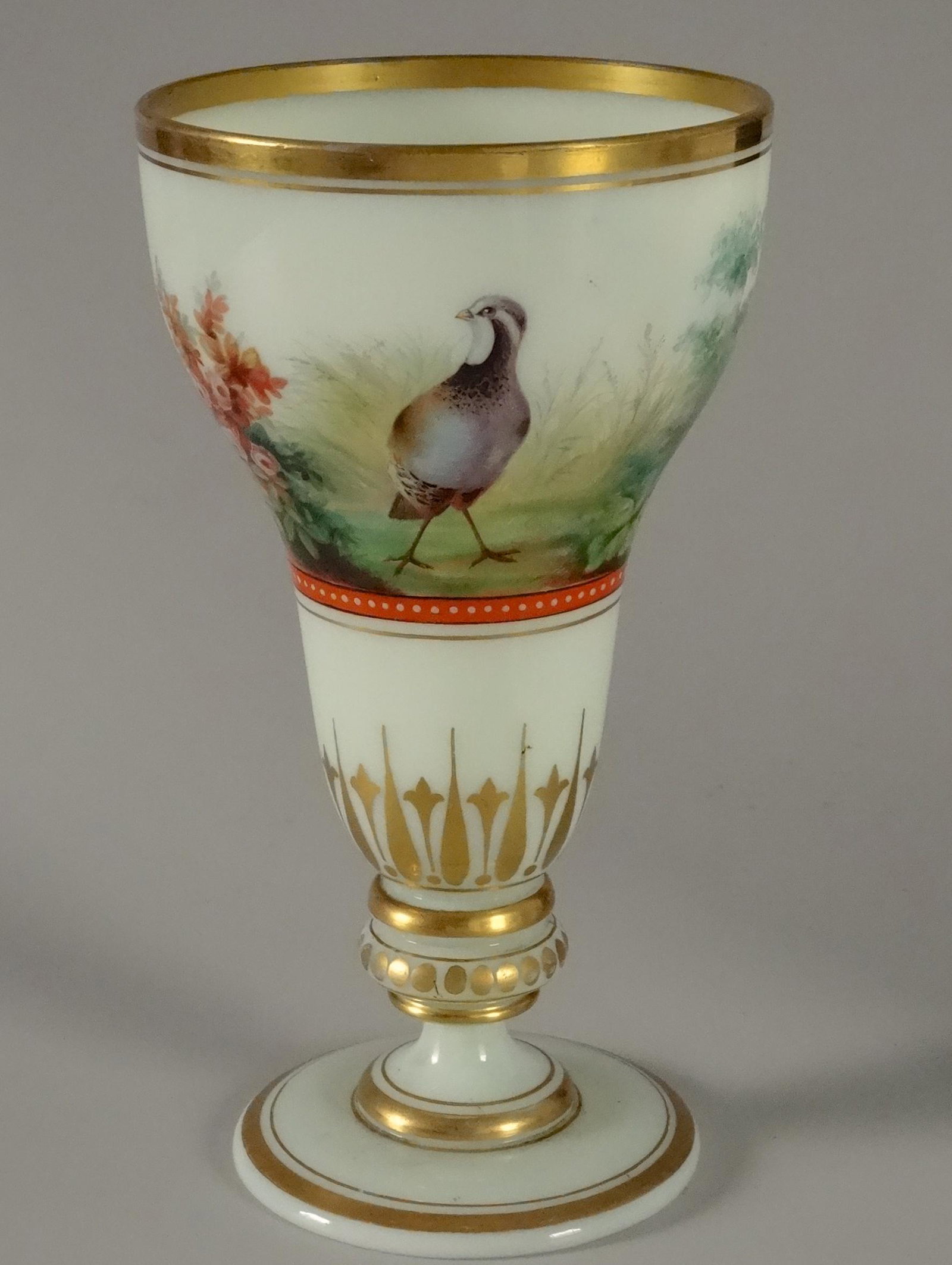 Enameled Art Glass Trophy Pheasant Cup Pocal Vase: Enameled Art Glass Trophy Pheasant Cup Pocal Vase Approximately 6 5/16 inches tall x 3 inches in diameter