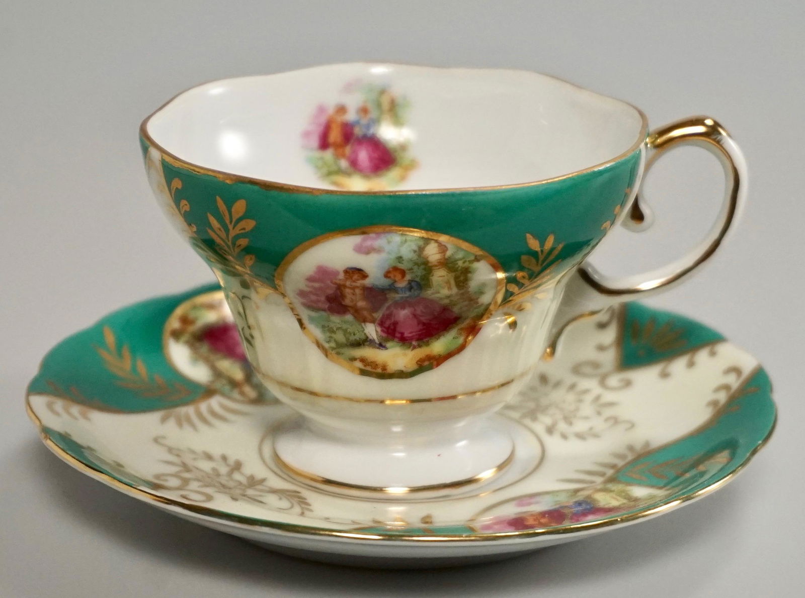 Mid Century Vintage Green Pictorial Tea Cup Saucer Set (1 of 4)