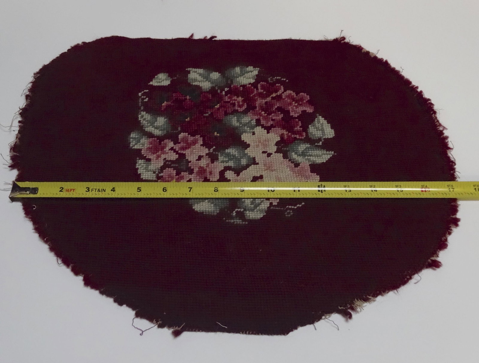 Antique Pancy Flowers Needlepoint Fragment 18 x 15: Antique Pancy Flowers Needlepoint Fragment 18 x 15 Approximately 18 x 15 inches overall; pancy flowers design is about 9 inches in diameter.