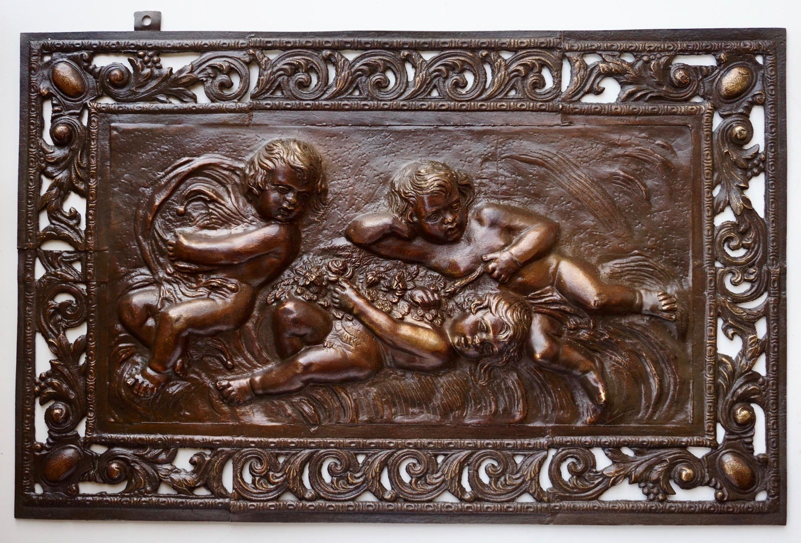 Antique Italian Ornate Bronze Putti Plaque Playful (1 of 7)