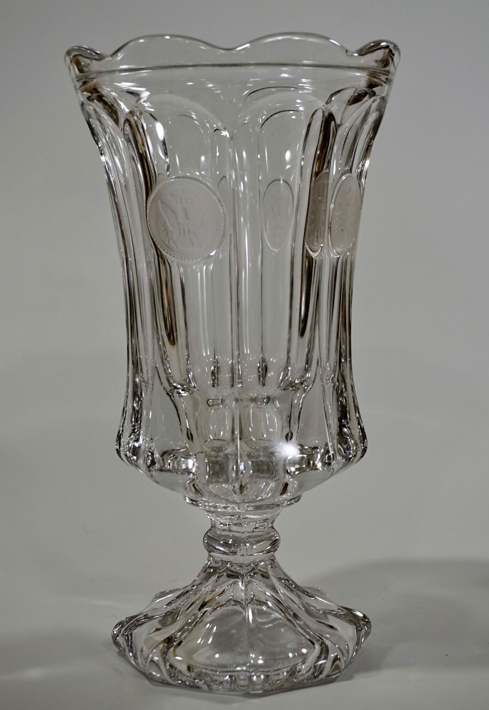 Vintage Fostoria Coin Pressed Glass Vase: Vintage Fostoria Coin Pressed Glass Vase Approximately 10 inches tall.