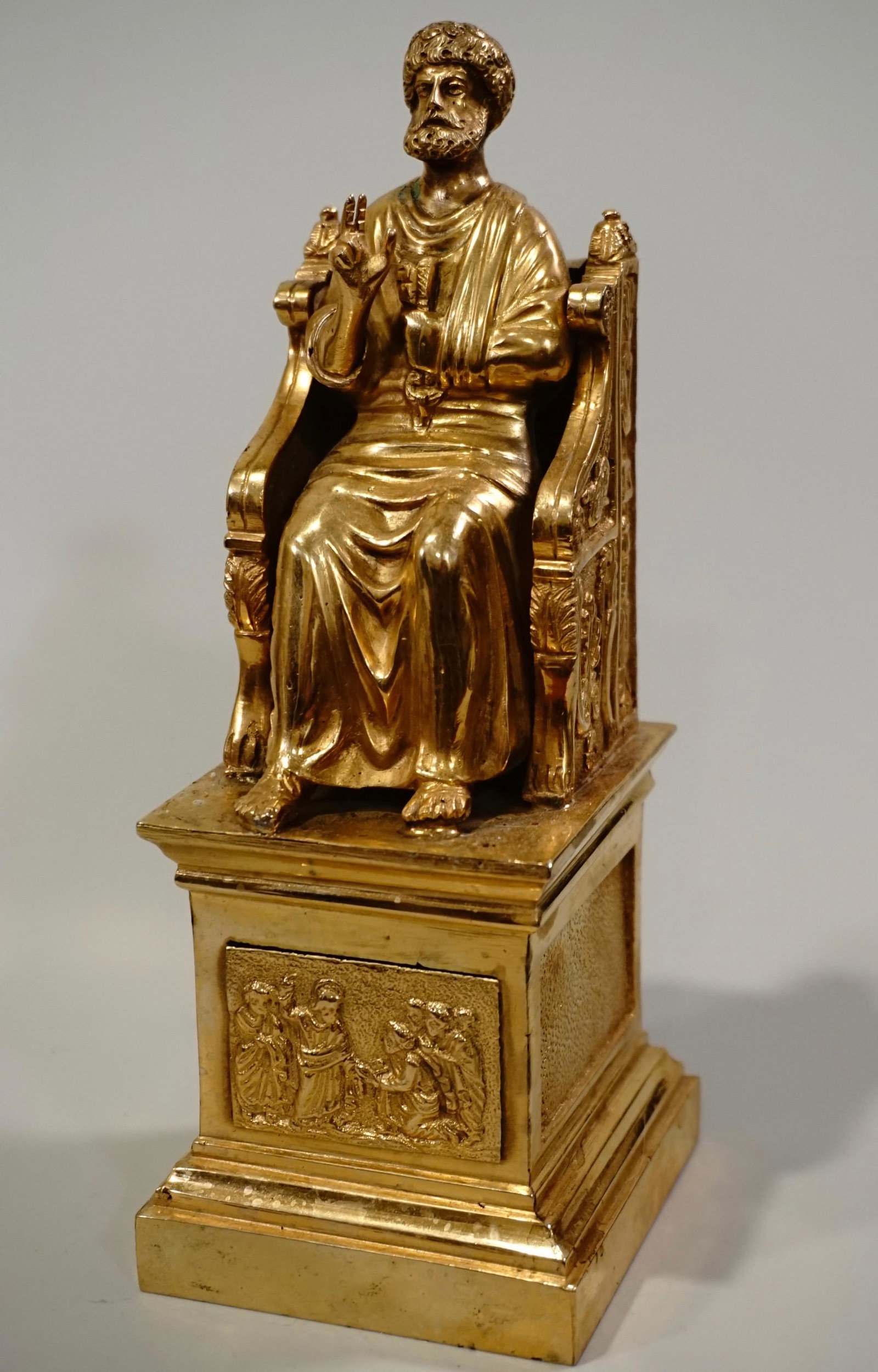Grand Tour Ormolu Italian Bronze St. Peter Seated on: Grand Tour Ormolu Italian Bronze St. Peter Seated on Throne Chair 19th Century Figurine Vatican Rome Approximately 3 7/8 x 3 1/4 x 8 1/2 inches tall.