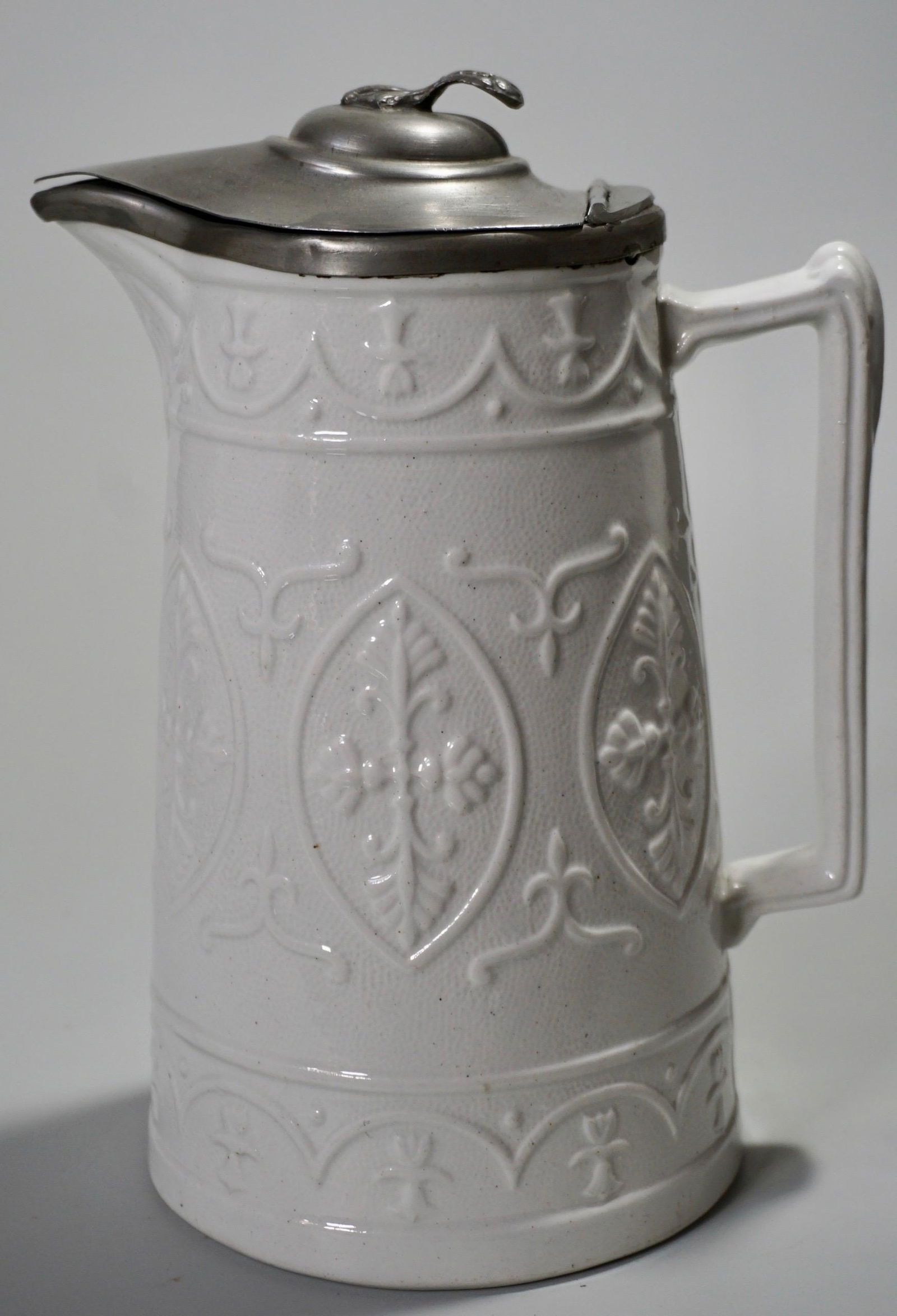 Antique Cream White Ceramic Pewter Lid Pitcher (1 of 5)