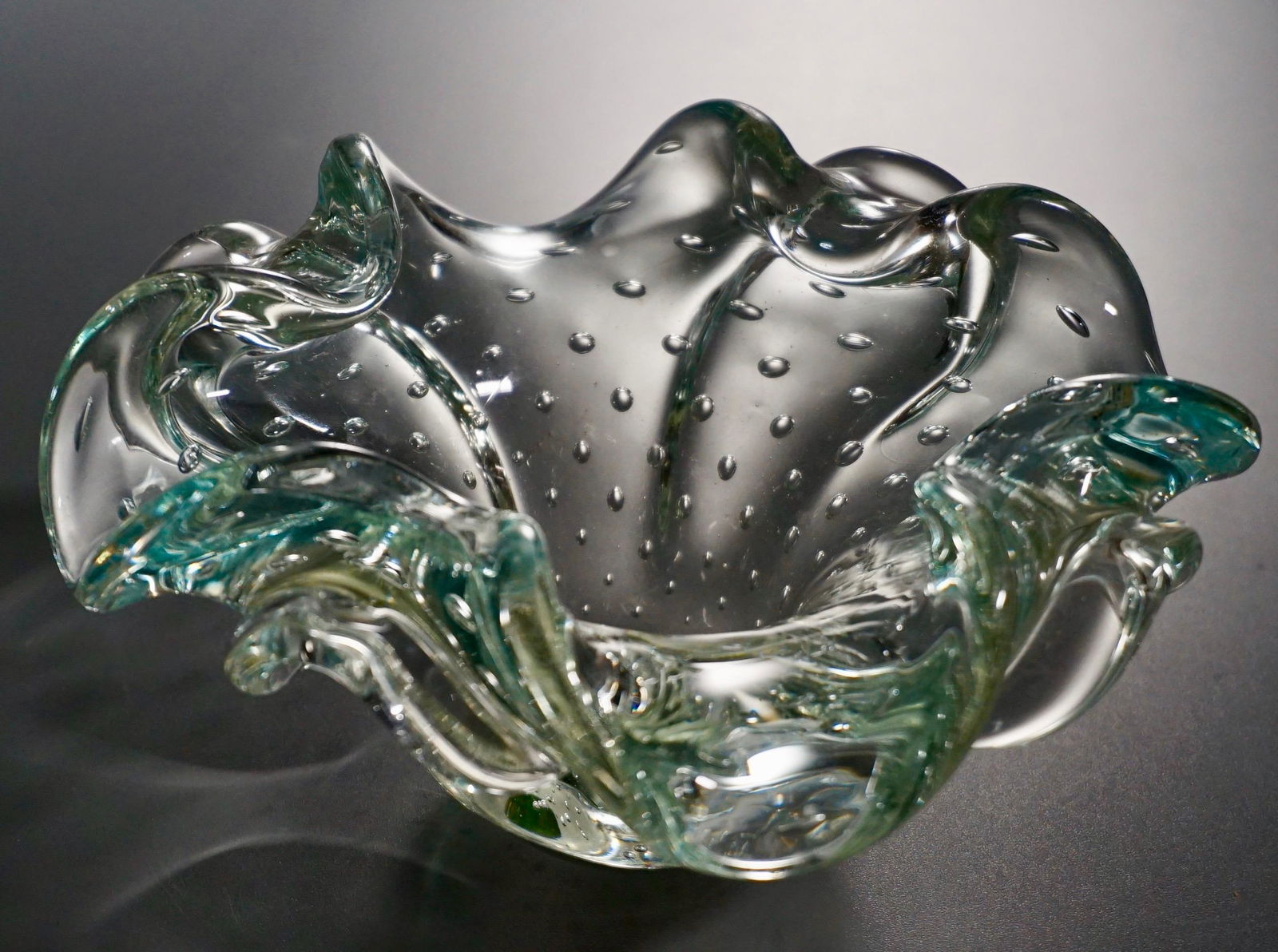 Murano Controlled Bubbles Aqua Blue Art Glass Bowl (1 of 5)
