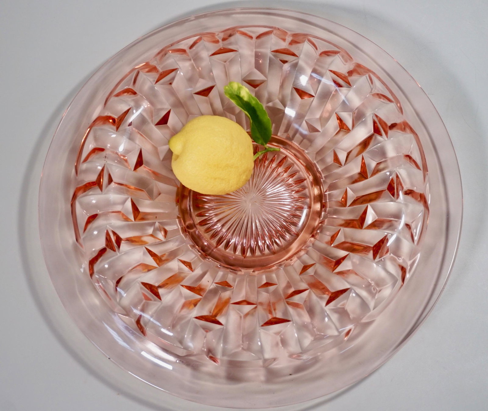 Art Deco Inverted Vintage Pink Glass Fruit Bowl: Art Deco Inverted Vintage Pink Glass Fruit Bowl Approximately 13 inches in diameter x 2 1/16 inches tall.