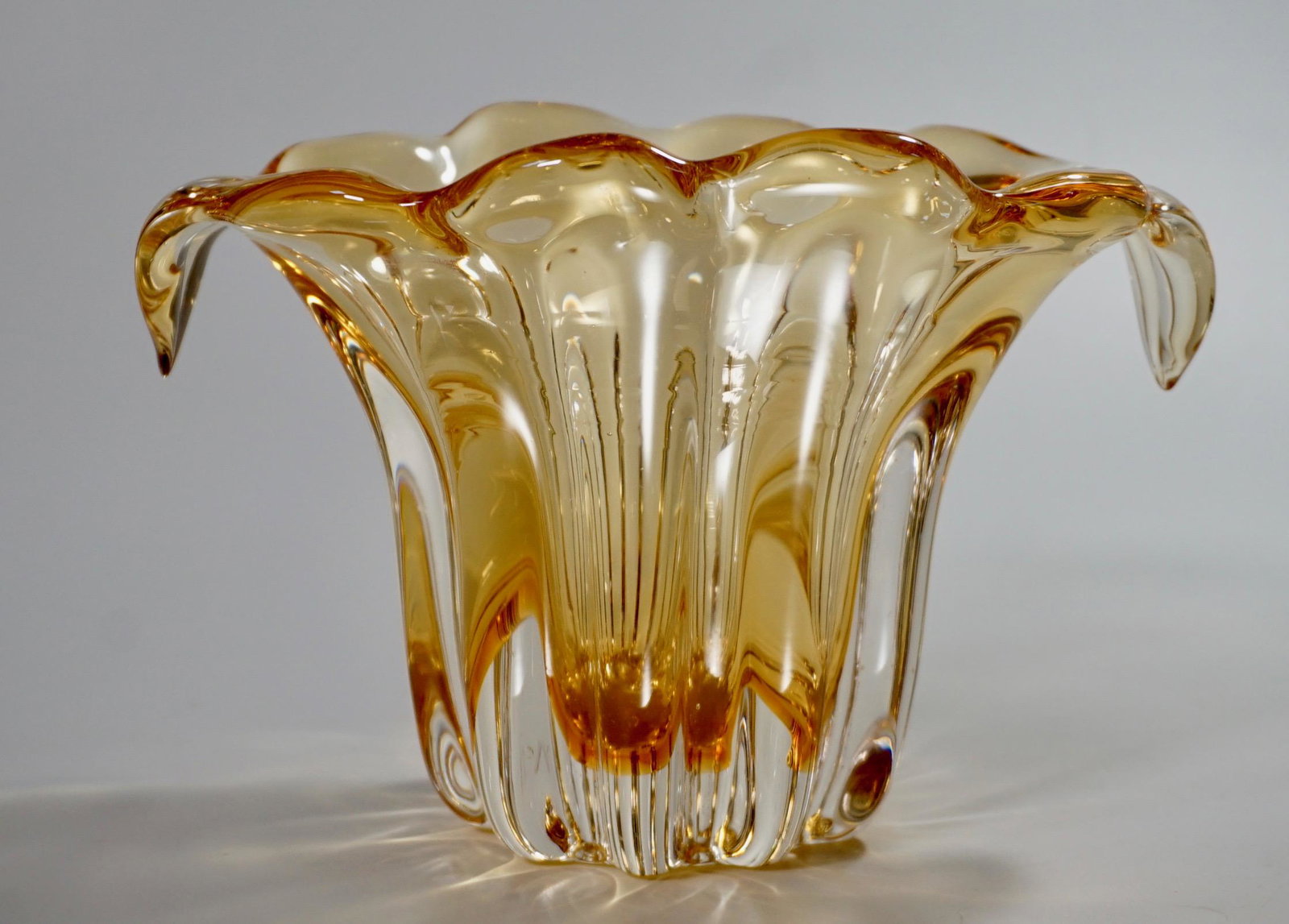 Yellow Art Glass Blown Vase Polished Pontil Mid Century: Yellow Art Glass Blown Vase Polished Pontil Circa Mid Century Approximately 8 1/2 inches across x 5 3/4 inches tall.