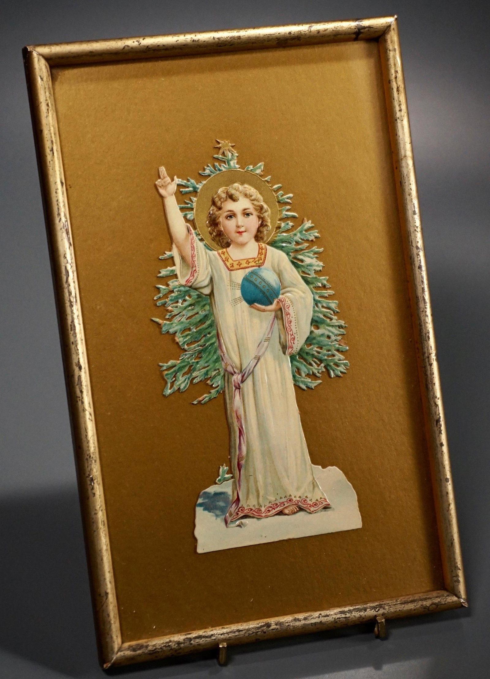Embossed Antique Christmas Angel Picture Framed Under: Embossed Antique Christmas Angel Picture Framed Under Glass Approximately 10 3/4 x 6 3/4 inches framed.