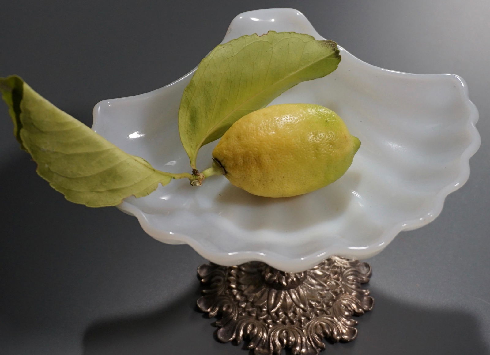 Milk Glass Shell Footed Soap Dish on Metal Stand (1 of 5)