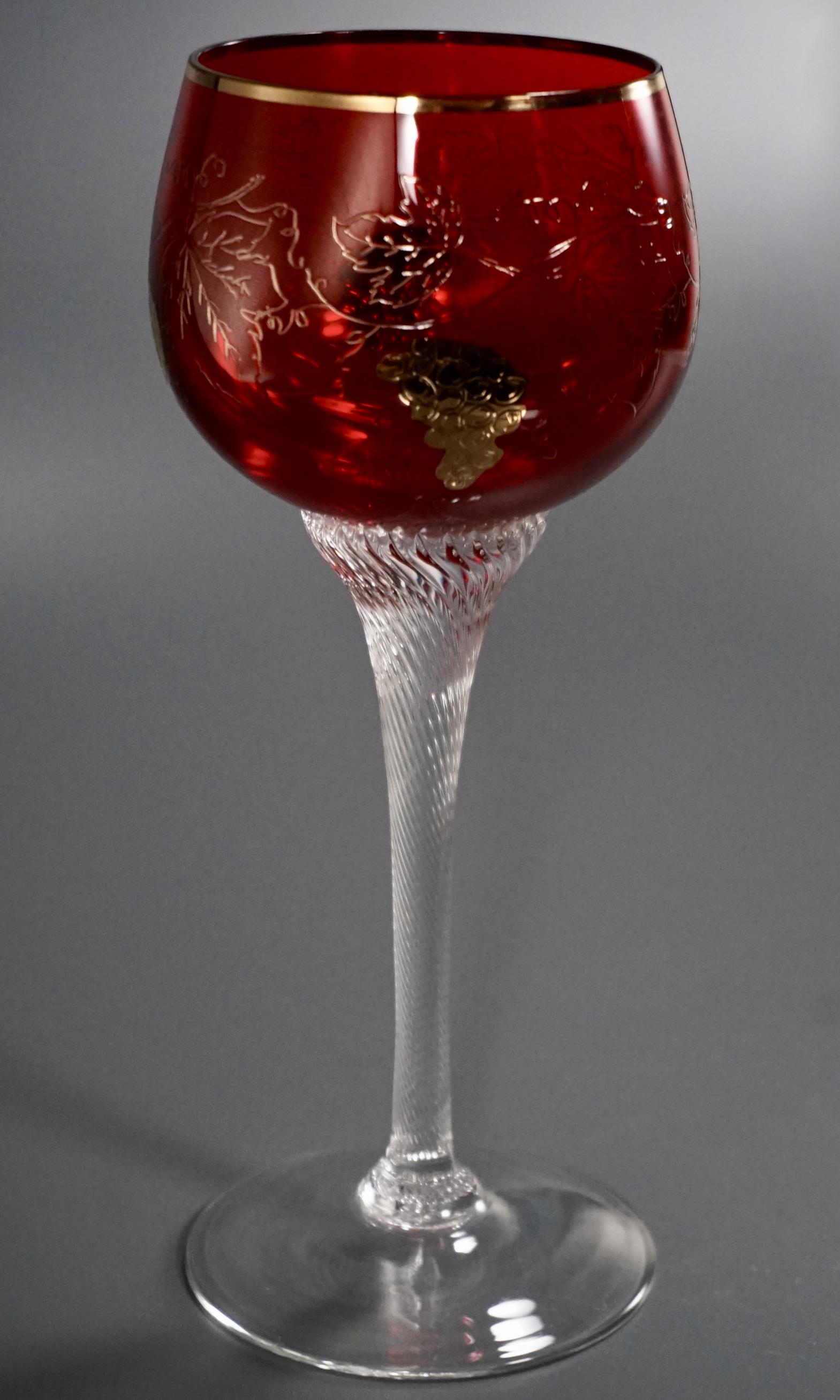 Italian Murano Ruby Red Presentation Wine Glass Goblet: Italian Murano Ruby Red Presentation Wine Glass Goblet Etched Engraving Gold Grapes Accents Approximately 6 1/2 inches tall.