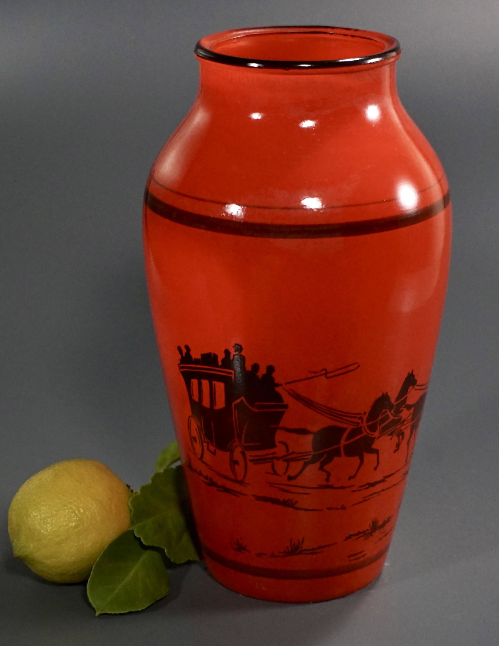 Art Deco Period Czechoslovakian Orange Glass Carriage: Art Deco Period Czechoslovakian Orange Glass Carriage Stagecoach Vase Approximately 9 inches tall.