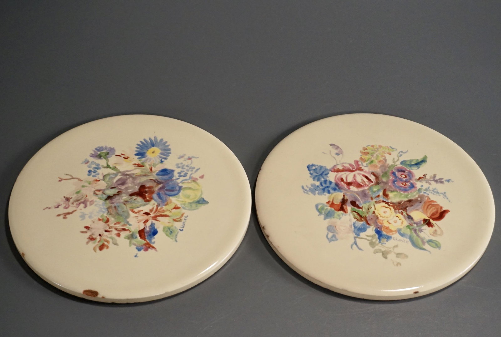 Floral Pottery Coaster Round Tile Plaque Hand Painted (1 of 5)