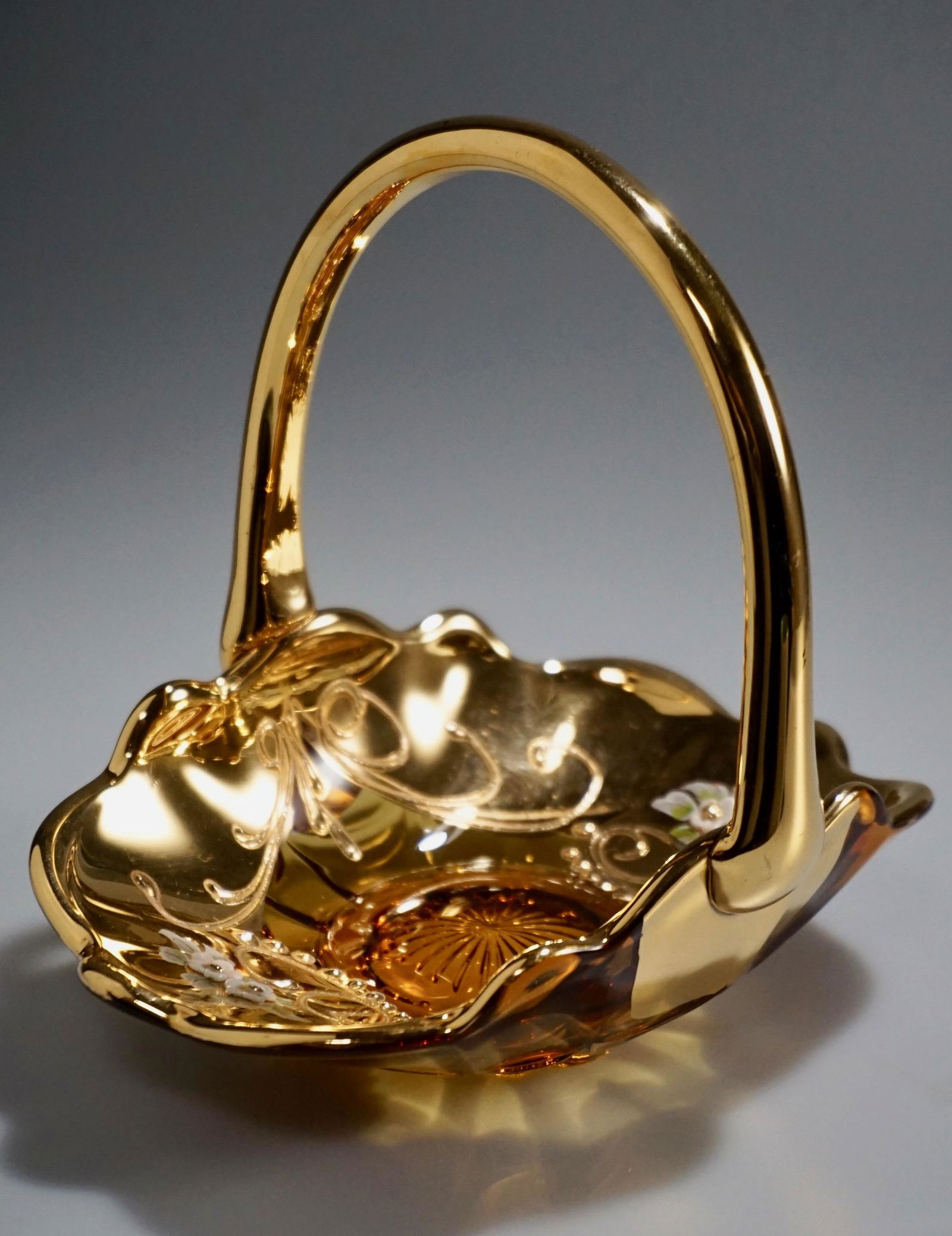 Bohemian Gilded Amber Glass Basket Applied Enamel (1 of 4)