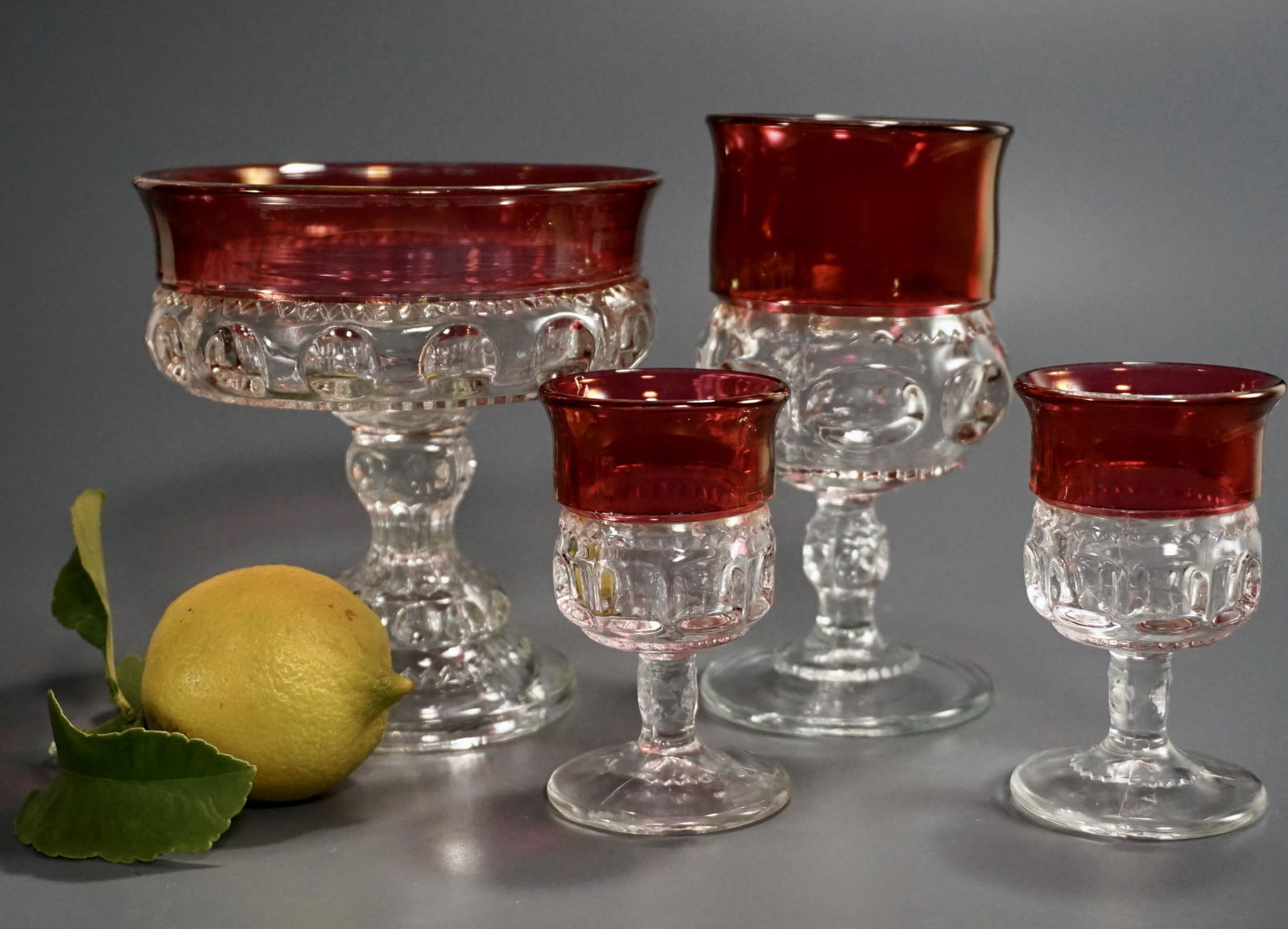 Kings Crown Ruby Flashed Antique Glassware Lot of 4: Kings Crown Ruby Flashed Antique Glassware Lot of Tiffin Franciscan 4 Items Approximately from 3 9/16 to 5 5/16 inches tall.