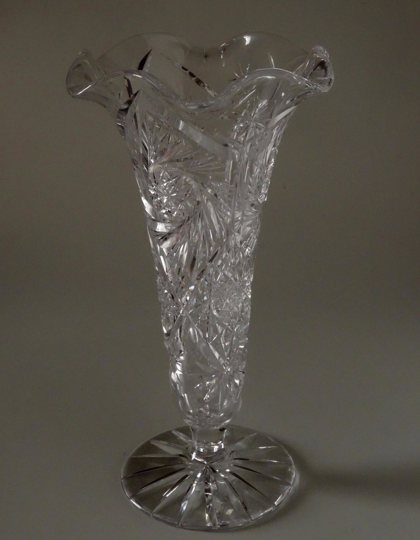 Vintage Trumpet Cut Glass Flower Vase: Vintage Trumpet Cut Glass Flower Vase Approximately 10 inches x 5 9/16 inches in diameter.