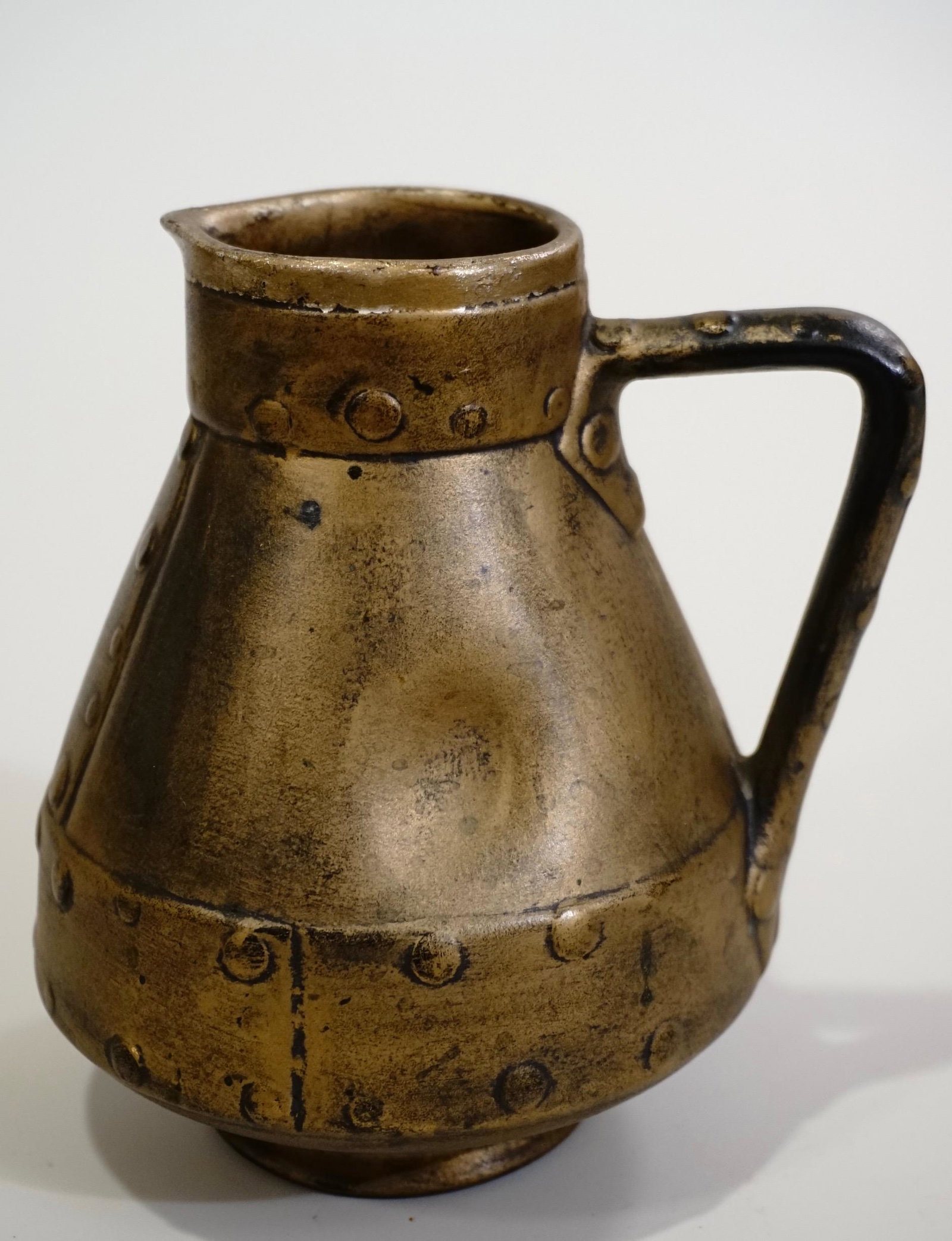 Trompe l'oeil Pottery Jug Made As Dented Brass Vessel (1 of 7)