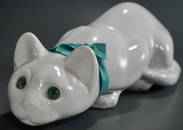 Crouching Cat White Pottery Large Figurine Blue Glass