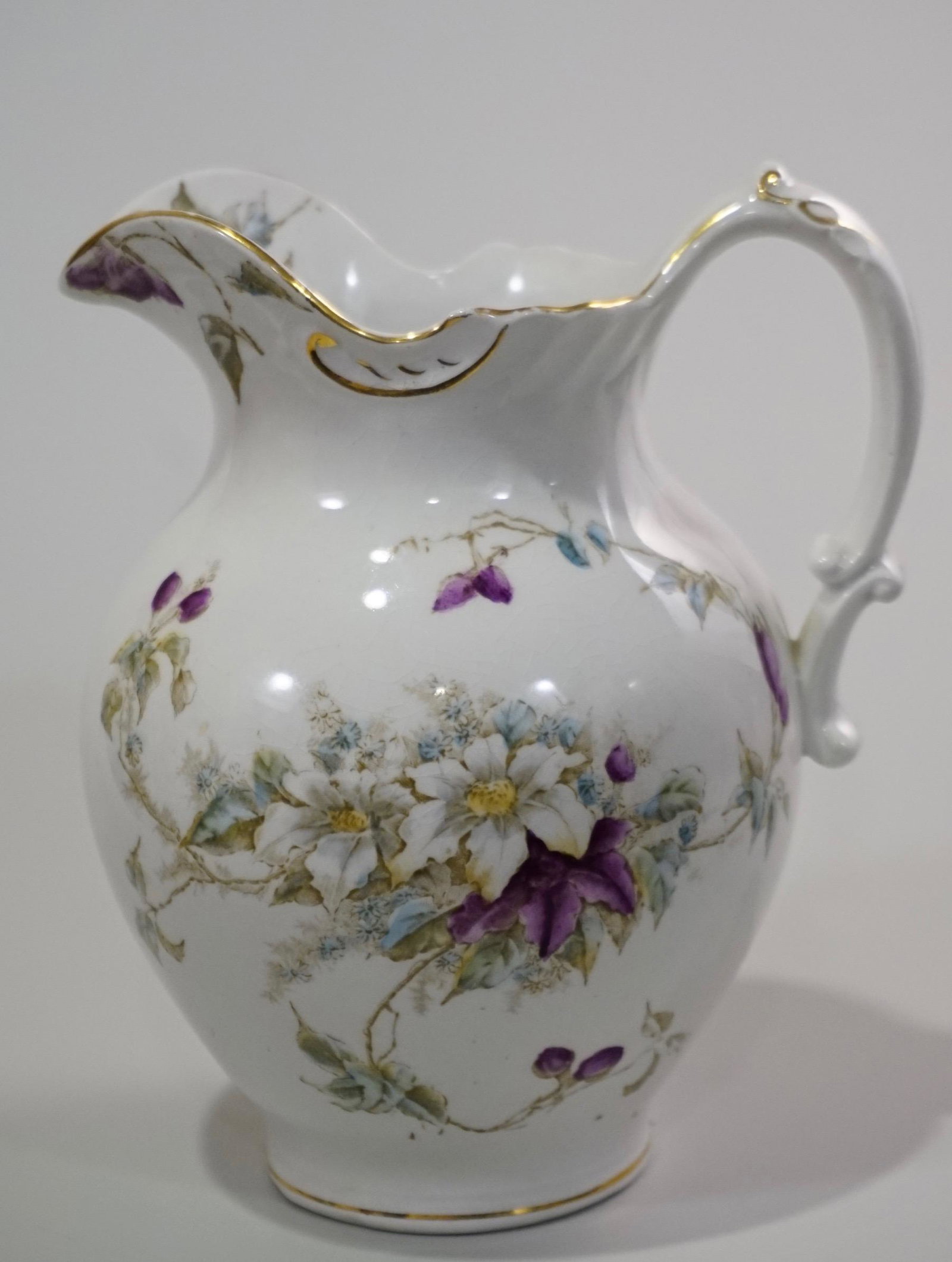 Edwin Bennett Pottery Milk Jug Bona Fama Alba China: Edwin Bennett Pottery Milk Jug Bona Fama Alba China Transferware Melior Zona Aurea Pitcher Approximately 6 1/8 x 4 7/8 x 7 1/4 inches tall.