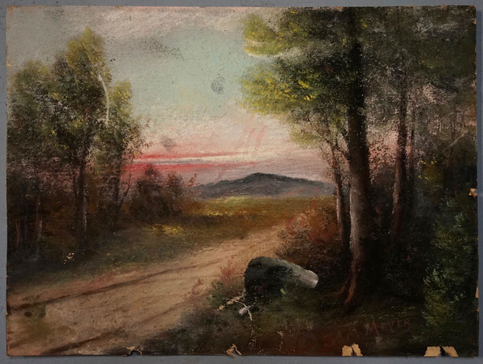 Antique Victorian Pastel Mixed Media Sunset Landscape (1 of 3)