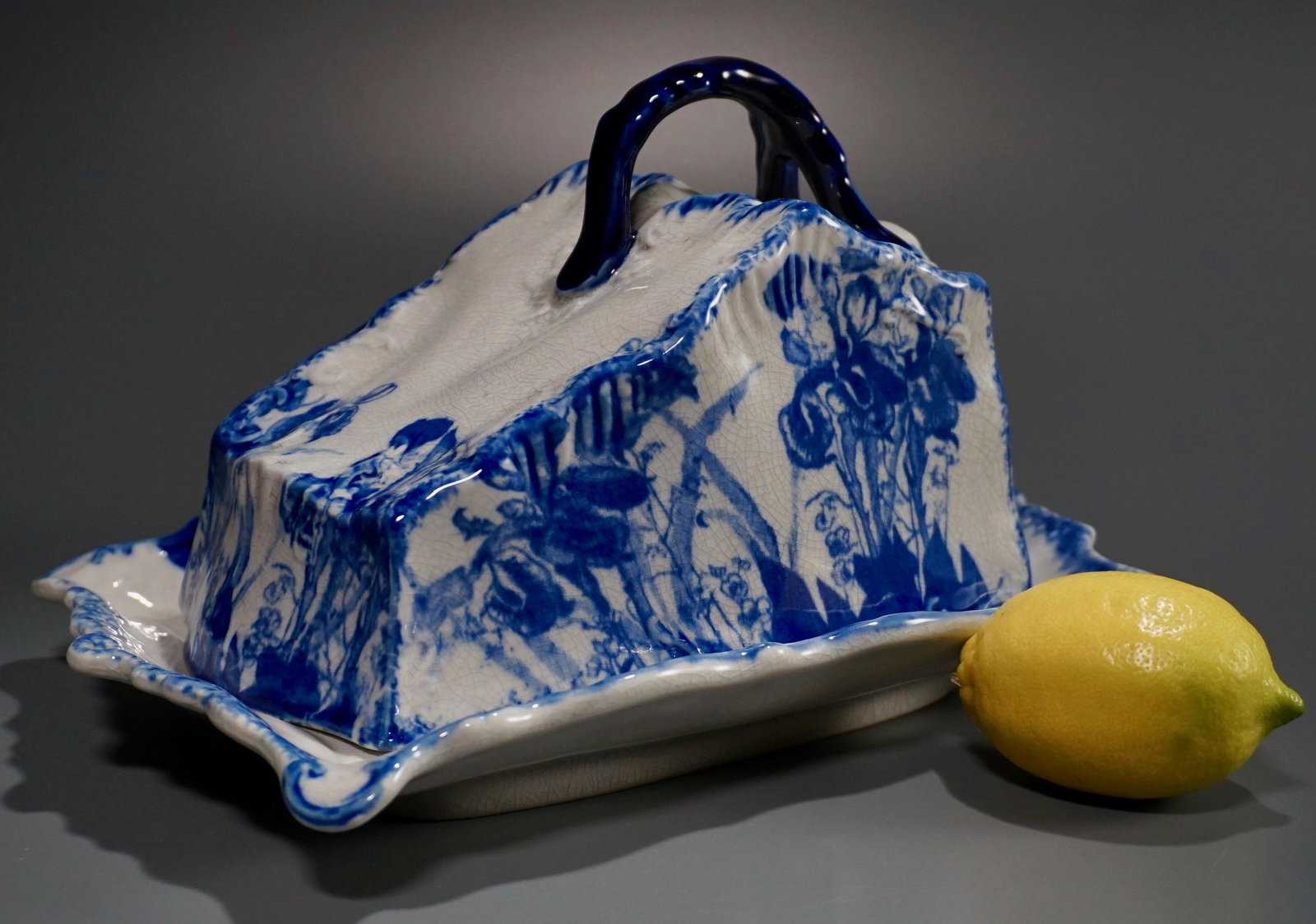 Large Blue White China Irises Cheese Dome Butter Dish: Large Blue White China Irises Cheese Dome Butter Dish Approximately 11 11/16 x 8 x 7 1/2 inches tall overall.